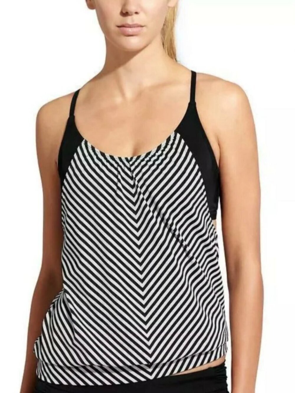 Athleta 34 d/dd Tankini Top Slash Stripe Blousy Swimsuit Black White Beach Sport